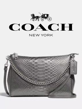Coach Carrie Python Embossed Leather F35059 Pewter Silver Gunmetal Chain Bag